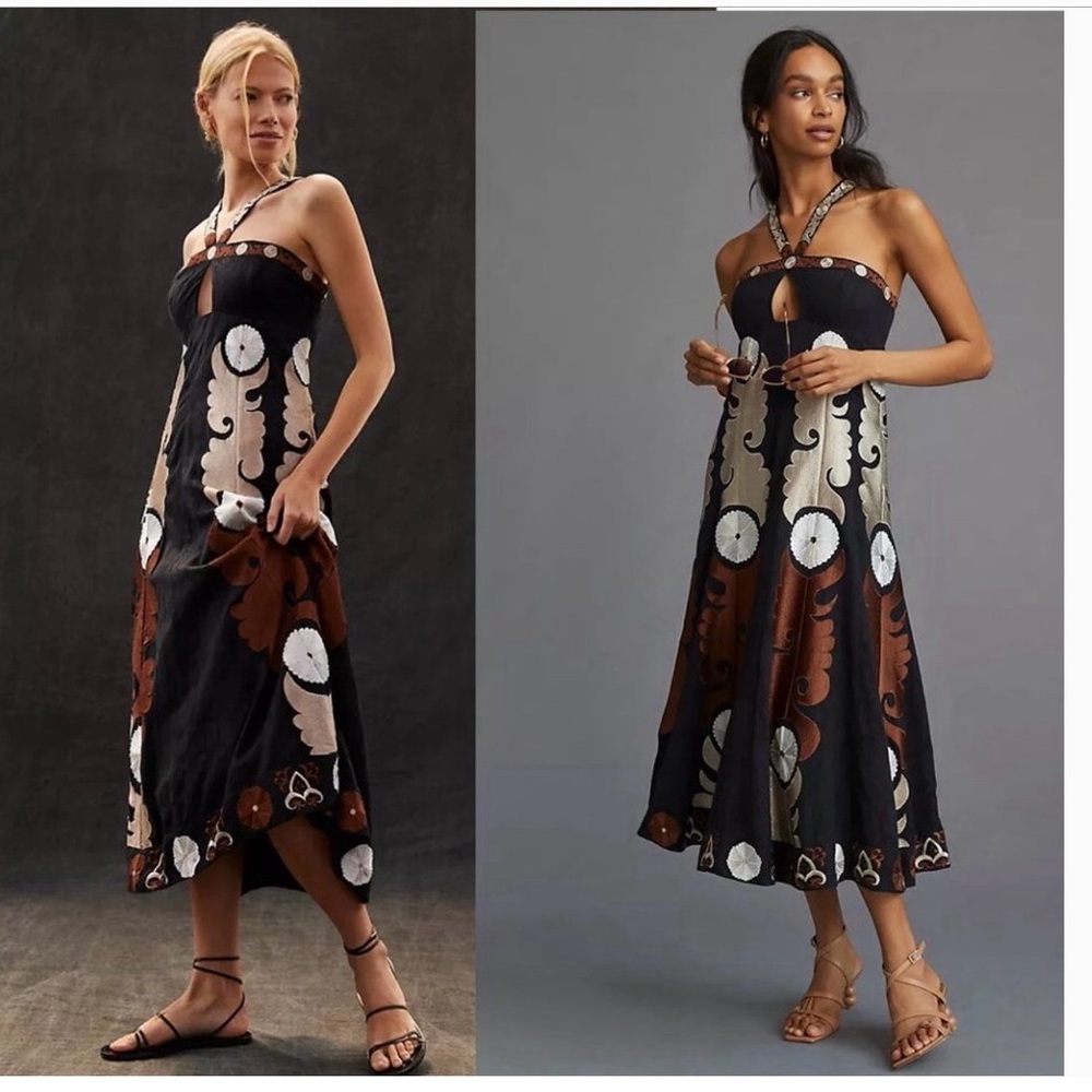 Anthropologie Black and Brown Embroidered Dress